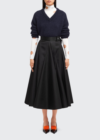 Shop Prada Re-nylon Belted Pleated Midi Skirt In Black