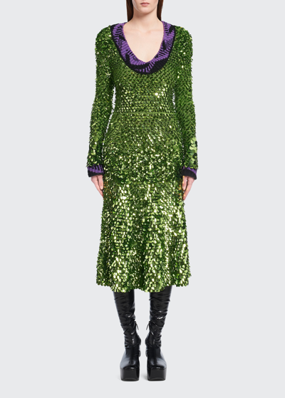 Shop Prada Sequin-embellished Jacquard-trimmed Midi Dress In F077g Edera