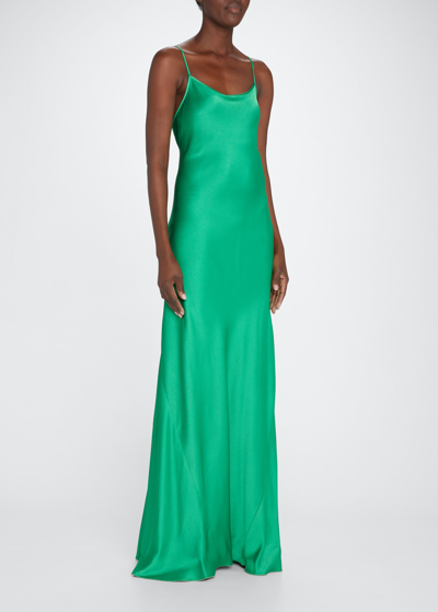 Shop Victoria Beckham Satin Open-back Maxi Slip Dress In Emerald Green