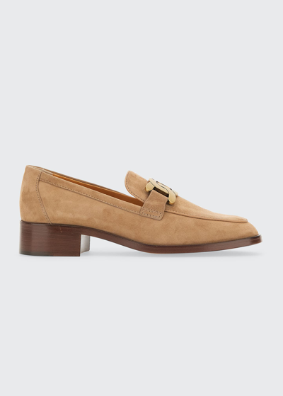 Shop Tod's Kate Suede Chain Loafers In Brown