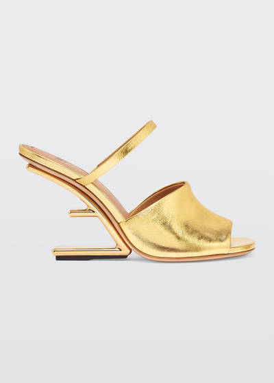 Shop Fendi Metallic Lambskin F-heel Mules In Gold
