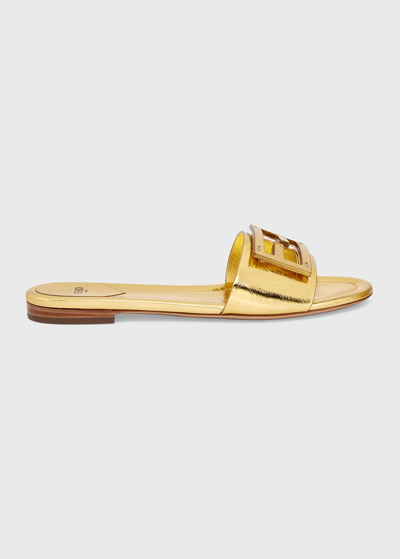 Shop Fendi Ff Tube Metallic Medallion Flat Sandals In Gold