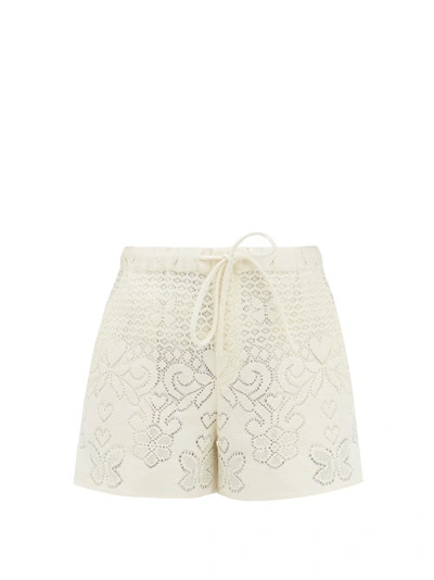 Valentino Hearts Floral-embroidered Cotton-blend Shorts In Almond