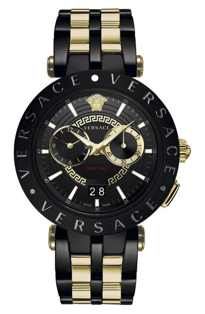 Shop Versace V-race Dual Time Bracelet Watch, 46mm In Black/ Gold