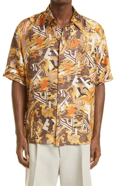 Shop Fendi Fragment Print Short Sleeve Silk Button-up Shirt In Yellow/ Brown