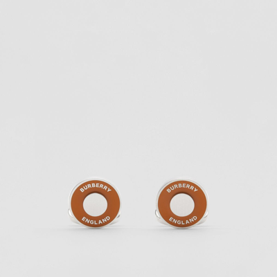 Shop Burberry Logo Graphic Enamel And Palladium-plated Cufflinks In Palladium/orange