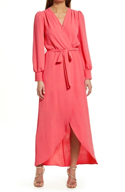 Shop Fraiche By J Wrap Front Long Sleeve Dress In Coral