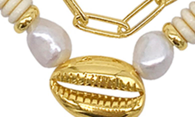 Shop Adornia 14k Yellow Gold Plated Cowrie Shell & Imitation Pearl Layered Paperclip Chain Necklace In White