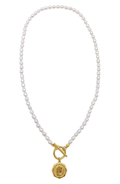 Shop Adornia Spring 2022 14k Yellow Gold Vermeil 5.5-6mm Imitation Pearl And Coin Toggle Necklace In White