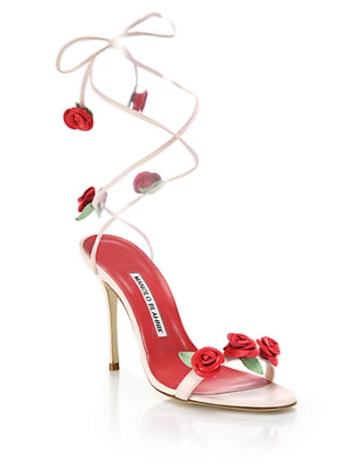 Manolo Blahnik Xiafore Rose Ankle-wrap Sandal, Pink/red In Multi