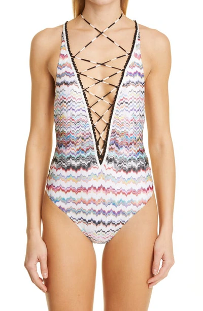 Shop Missoni Zigzag Knit One-piece Swimsuit In Mare