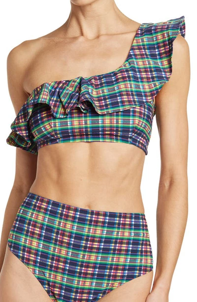 Shop Ganni Seersucker One-shoulder Plaid Print Bikini Top In Multicolour