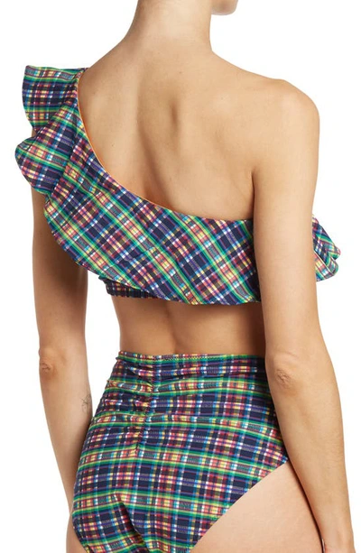 Shop Ganni Seersucker One-shoulder Plaid Print Bikini Top In Multicolour