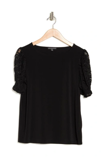 Shop Adrianna Papell Lace Short Sleeve Knit Top In Black