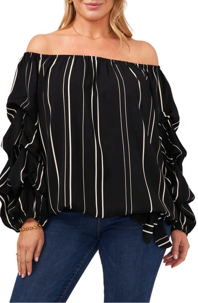 Shop Vince Camuto Stripe Balloon Sleeve Off The Shoulder Blouse In Rich Black