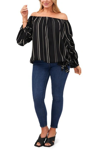 Shop Vince Camuto Stripe Balloon Sleeve Off The Shoulder Blouse In Rich Black