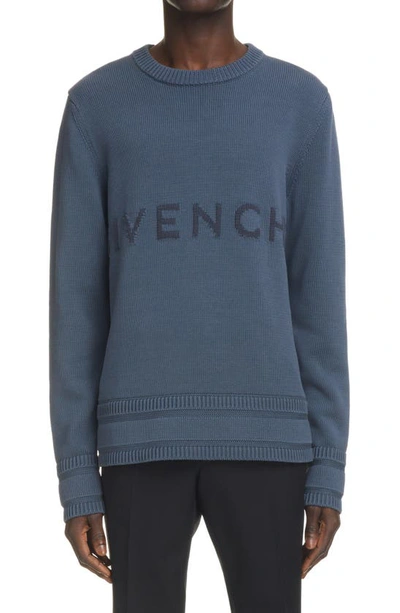 Shop Givenchy Intarsia Logo Cotton Sweater In 464-blue/ Navy