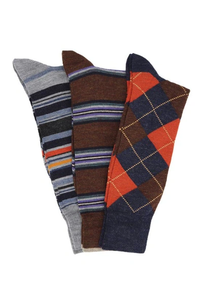 Shop Lorenzo Uomo Assorted 3-pack Italian Merino Wool Crew Socks In Denim Brown Mutli