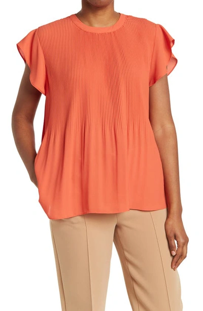 Shop Adrianna Papell Georgette Scoop Neck Solid Pleat Top In Chili
