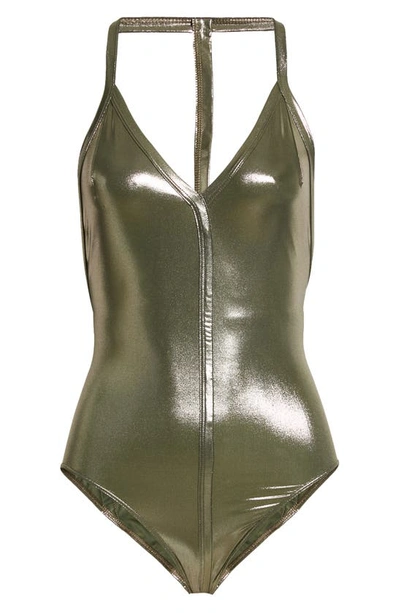 Shop Rick Owens Metallic Halter One-piece Swimsuit In Gold
