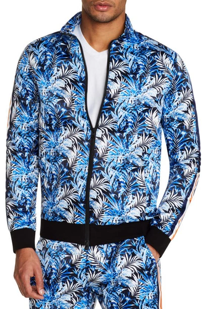 Shop Tallia Floral Print Front Zip Track Jacket In Blue