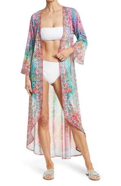 Ranee's Bright Printed Pink Blooms Flare Sleeve Cover-up Duster In Pink