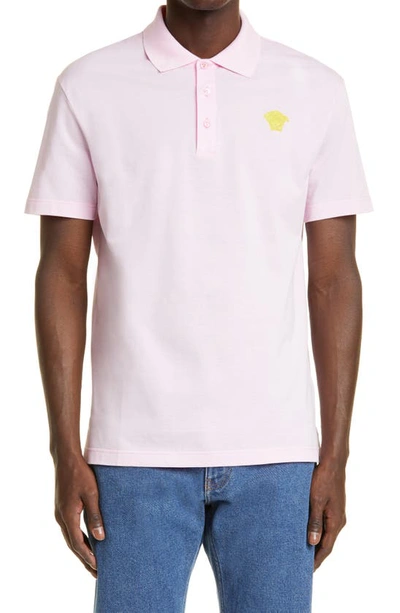 Shop Versace Medusa Appliqué Cotton Polo Shirt In Candy/ Pineapple