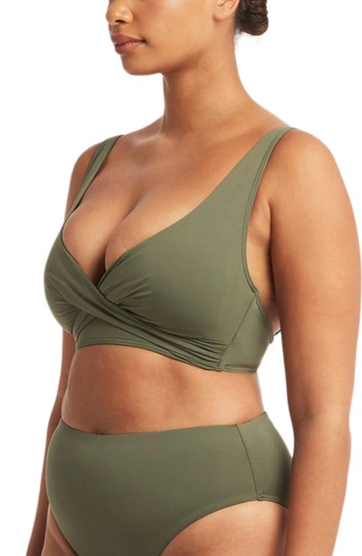 Sea Level Cross Front Multifit Bikini Top In Khaki