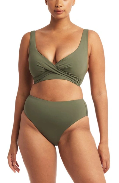 Sea Level Cross Front Multifit Bikini Top In Khaki