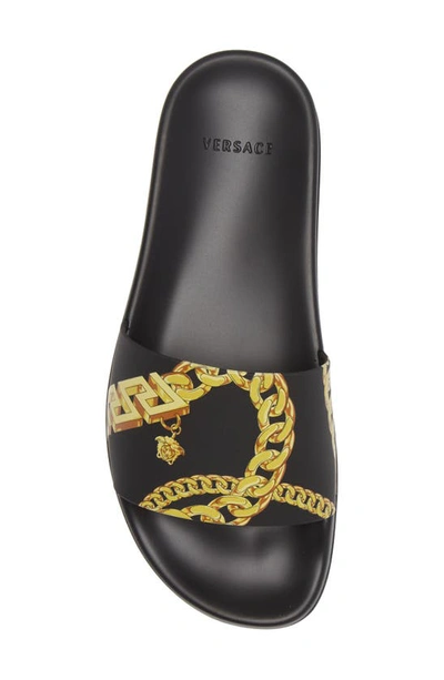 Shop Versace Chain Print Slide Sandal In Black Gold