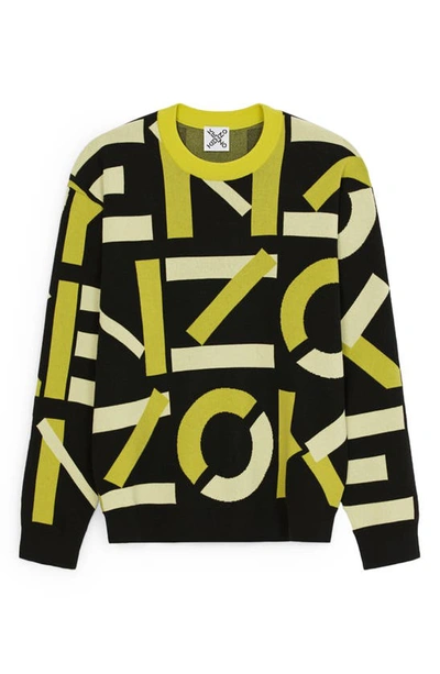 Shop Kenzo Intarsia Logo Cotton Blend Sweater In Black/yellow/cream