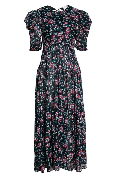 Shop Isabel Marant Étoile Sichelle Floral Leg Of Mutton Sleeve Midi Dress In Faded Night