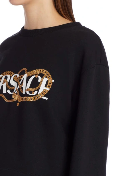 Shop Versace Chain Logo Graphic Cotton Crop Sweatshirt In Black