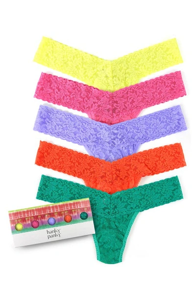 Hanky Panky Assorted 5-pack Lace Low Rise Thongs In Cfiy/ Srup/ Hyac/ Orsp/