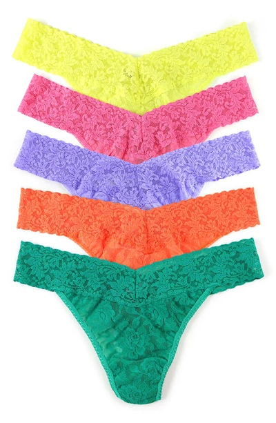 Shop Hanky Panky Assorted 5-pack Lace Original Rise Thongs In Cfiy/ Srup/ Hyac/ Orsp/