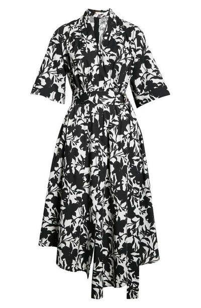 Shop Adam Lippes Floral Ikat Asymmetric Stretch Cotton Poplin Midi Dress In Black Ikat