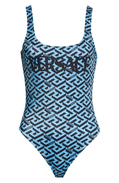 Shop Versace La Greca Logo Monogram Print One-piece Swimsuit In 5v100 Sky Black