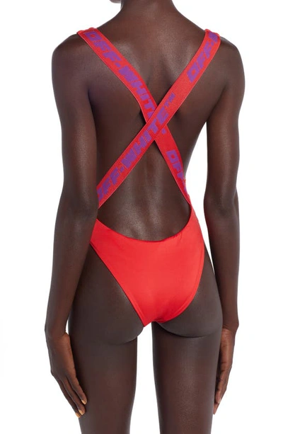 Shop Off-white Logo Strap One-piece Swimsuit In Coral Red