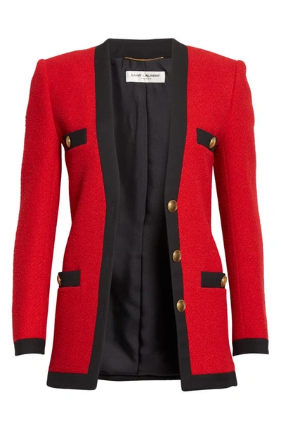 Shop Saint Laurent Wool Blend Tweed Cardigan Jacket In 6231 Rouge