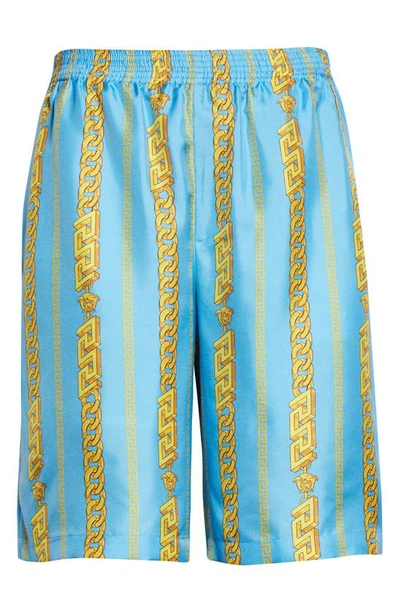 Shop Versace Chain Pinstripe Print Silk Shorts In Sky Multicolor