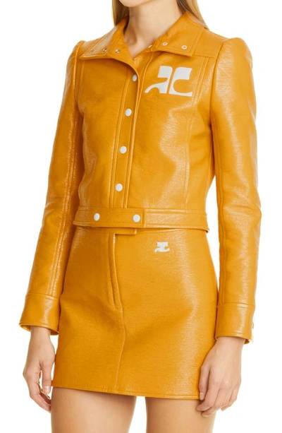 Shop Courrèges Logo Patch Coated Stretch Cotton Crop Jacket In Ochre