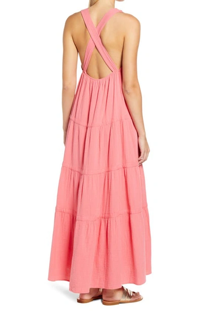 Shop Btfl-life Tiered Cross Back Cotton Gauze Maxi Dress In Coral