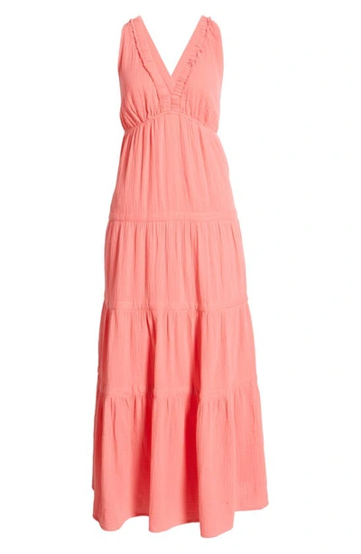 Shop Btfl-life Tiered Cross Back Cotton Gauze Maxi Dress In Coral