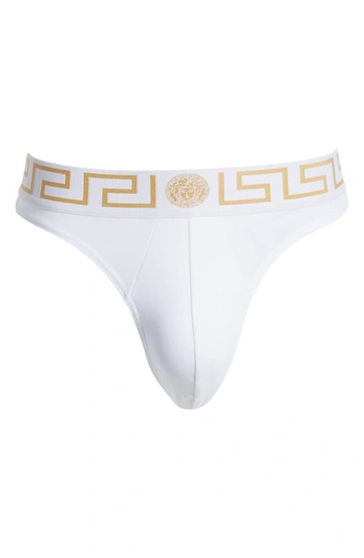 Shop Versace First Line Logo Stretch Cotton Thong In White/ Gold