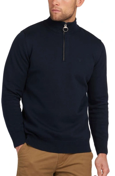 Barbour Cotton Half Zip Tartan Trim Sweater Navy In Navy