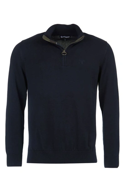 Barbour Cotton Half Zip Tartan Trim Sweater Navy In Navy