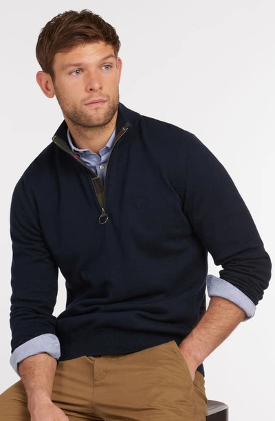 Barbour Cotton Half Zip Tartan Trim Sweater Navy In Navy