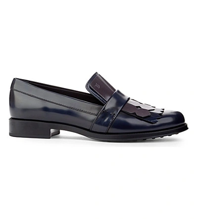 Shop Tod's Gomma Leather Fringe Loafers In Blue/drk.c