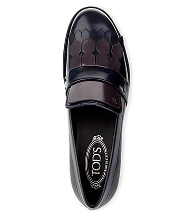 Shop Tod's Gomma Leather Fringe Loafers In Blue/drk.c