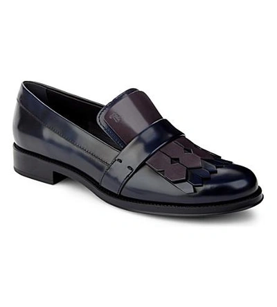 Shop Tod's Gomma Leather Fringe Loafers In Blue/drk.c